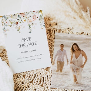 Plantilla para guardar la fecha con flores silvestres, tarjeta para guardar la fecha con flores silvestres para boda, tarjeta minimalista con flores y foto, descarga instantánea, WF2