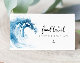 Ocean Food Labels Template, Beach Buffet Cards, Wave Sea Food Labels, Ocean Wedding Food Cards Instant Download, N5 Escort Cards