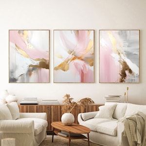 Pink Gold Wall Art Set, Abstract Pink Wall Art Set of 3, Blush Pink Wall Art, Pink Wall Art Digital Download, Modern Wall Art Set of 3