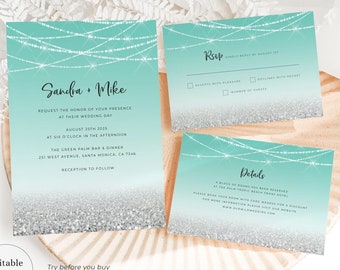 Teal Wedding Invitation Printable, Aqua Blue Silver Wedding Invitation Set, String Light, Turquoise Mint Wedding Invitation Package, T11
