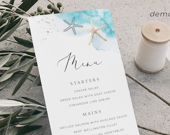 Beach Wedding Menu Template, Sea Ocean Wedding Menu, Shell Wedding Menu, Beach Table Decor, Beach Wedding Dinner Menu, B10