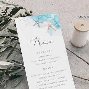 Strand Bruiloft Menu Sjabloon, Zee Oceaan Bruiloft Menu, Shell Bruiloft Menu, Strand Tafel Decor, Strand Bruiloft Diner Menu, B10