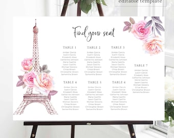 Paris Seating Chart Template, Eiffel Tower, Baby Shower Seating Chart, Bridal Shower Seating Card, Seating Plan Sign, Editable Download, P3