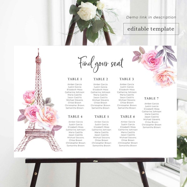 Paris Seating Chart Template, Eiffel Tower, Baby Shower Seating Chart, Bridal Shower Seating Card, Seating Plan Sign, Editable Download, P3