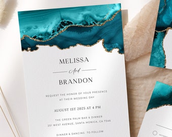 Teal Gold Wedding Invitation Template, Teal Wedding Invitation Digital Download, Turquoise Wedding, Teal Wedding Invitation Suite