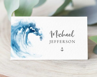 Ocean Place Cards Template, Beach Place Cards, Wave Sea Name Cards, Ocean Wedding Place Cards Instant Download, N5, Escort Cards, N5