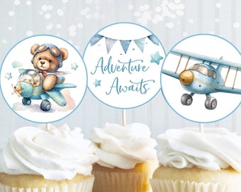 Airplane Baby Shower Decorations, Aviator Adventure Baby Shower Cupcake Toppers, Travel Baby Shower Decorations, Teddy Bear, Up Up Away, A2