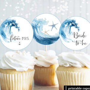 Ocean Bridal Shower Cupcake Toppers Printable, Ocean Bridal Shower Decorations, Beach Bridal Shower Toppers, Sea Bridal Shower Decor, N5
