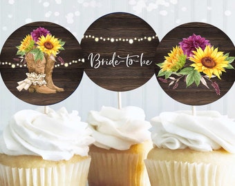 Rustic Bridal Shower Cupcake Toppers, Country Bridal Shower Decorations, Cowgirl Boots Bridal Shower Decor, Western Rustic Bridal Favors, C1