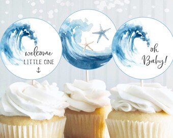 Ocean Baby Shower Cupcake Toppers Printable, Ocean Baby Shower Decorations, Beach Baby Shower Toppers, Sea Baby Shower Decor, N5