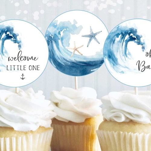 Ocean Baby Shower Cupcake Toppers Printable Ocean Baby Shower Etsy