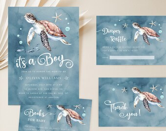 May include: A set of printable baby shower invitations with a blue watercolor background and a sea turtle illustration. The text reads "it's a boy" and includes details for the event, such as the date, time, and location. There are also cards for a diaper raffle and a thank you note.