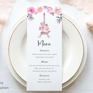Paris Menü Vorlage, Hochzeitsmenü, Hochzeitsmenü, Paris Hochzeitsmenü, EifferTurm, Paris Themenparty, P3