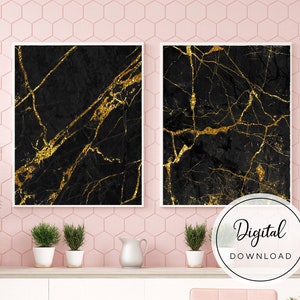 Black And Gold Wall Art Set Of 2 Marble Wall Art Set Of 2 Etsy