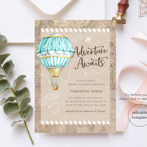 Travel Bridal Shower Invitation Template, Adventure Awaits Bridal Shower Invitation Digital, Miss to Mrs, Travel Theme, Love is Adventure