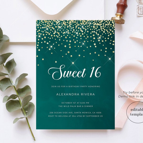 Sweet 16 Invitation Emerald Green Gold, Sweet 16 Invitation Template, Digital Download, Sweet Sixteen Invite, Emerald Birthday Invite