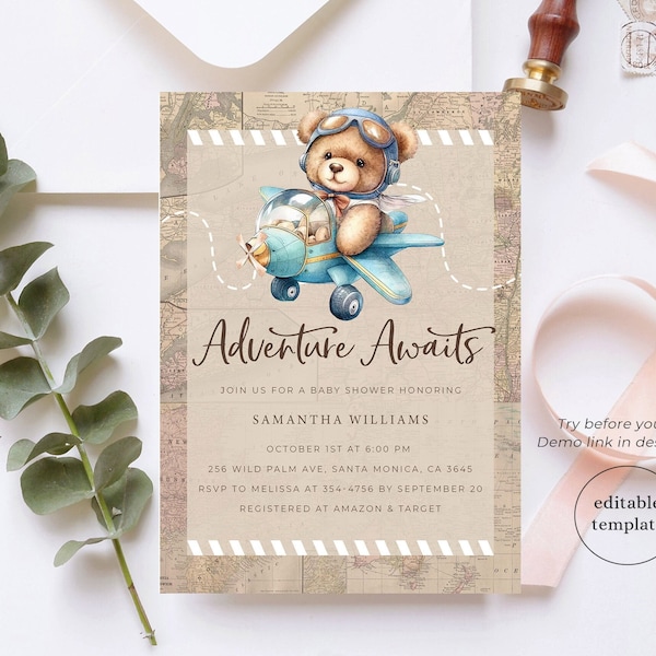 Adventure Baby Shower Invitation Template, Travel Baby Shower Invitation, Editable Airplane Baby Shower Invites, Teddy Bear, Digital