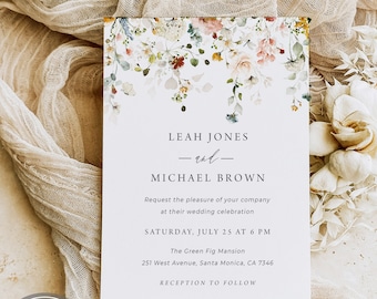 Plantilla de invitación de boda de flores silvestres, descarga de invitación de boda de flores silvestres, plantilla de boda floral moderna, boda rústica de cabaña WF2