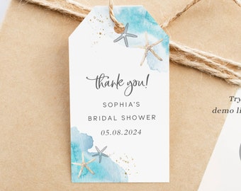 Beach Bridal Shower Thank You Tags, Seashell Ocean Bridal Shower Gift Tags, Aqua Blue Beach Bridal Favor Tags Template, Beach Wedding, B10