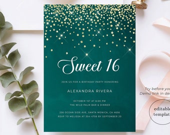 Sweet 16 Invitation Emerald Green Gold, Sweet 16 Invitation Template, Digital Download, Sweet Sixteen Invite, Emerald Birthday Invite