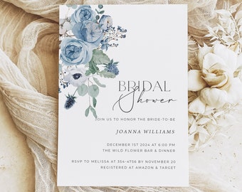 Dusty Blue Bridal Shower Invitation Download, Blue Floral Bridal Shower Template, Modern Blue Bridal Shower Invite Digital, Engagement, DB1