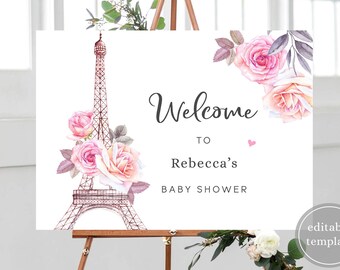 Parijs Baby Shower Welkomstbord Afdrukbaar, Parijs Baby Douche Decoraties, Franse Baby Douche, Eiffeltoren Welkomstbord, Digitaal, P3