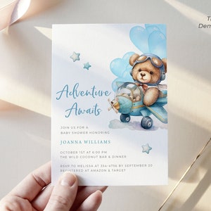 Adventure Baby Shower Invitation Template, Up Up and Away, Airplane Baby Shower Boy, Teddy Bear Baby Shower Invitation Boy, Digital, A2