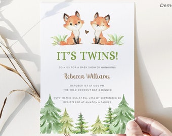 Twins Baby Shower Invitation Template, Twins Baby Shower Invitation Boy Girl, Fox Woodland Animals Baby Shower Invitation Twins Digital