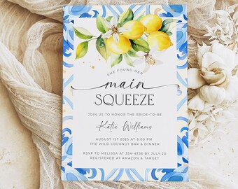 Lemon Bridal Shower Invitation, Main Squeeze Bridal Shower Invitation Template, Italian Mediterranean Bridal Shower Edirtable Download, L2