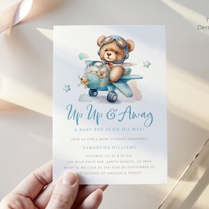 Airplane Baby Shower Invitation Template, Up Up and Away, Adventure Baby Shower Boy, Teddy Bear Baby Shower Invitation Boy, Digital, A2