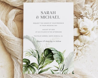 Tropical Wedding Invitation Template, Greenery Wedding Invitation Suite, Editable Palm Wedding Invitation Download, Beach Wedding