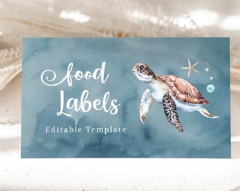 Under the Sea Food Labels Template, Turtle Food Cards, Under the Sea Baby Shower Food Tags, Beach Food Label, Editable, Buffet Tag, TR1