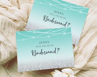 Teal Bridesmaid Proposal Template, Blue Silver Bridesmaid Proposal Digital Download, Aqua Blue Turquoise Bridesmaid Proposal, Digital, T11