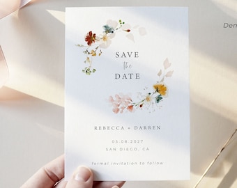 Wildflower Save the Date Template, Wild Flower Wedding Save the Date, Neutral Minimal Save the Date Card with Picture, Instant Download