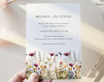 Plantilla de invitación de boda de flores silvestres, suite de boda rústica floral, descarga de invitación de boda de flores silvestres, boda floral moderna, WF3