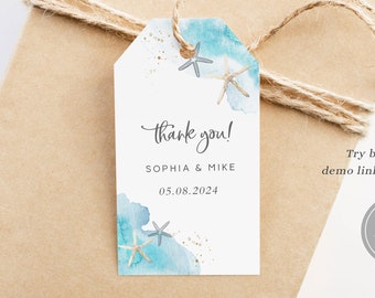 Beach Wedding Thank You Tags, Seashell Ocean Wedding Gift Tags, Aqua Blue Wedding Favor Tags Template, Beach Wedding Decorations, B10