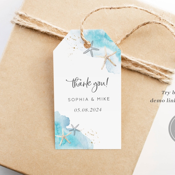 Beach Wedding Thank You Tags, Seashell Ocean Wedding Gift Tags, Aqua Blue Wedding Favor Tags Template, Beach Wedding Decorations, B10