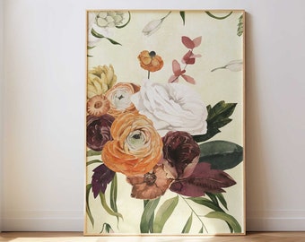 Vintage Blumen Wandkunst, Boho Blumen Wandkunst, Mid Century Blumendruck, Vintage Wandkunst Drucke, Orange Wandkunst, Mid Century Modern