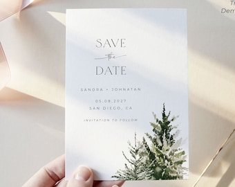 Winter Save the Date Template, Pine Save the Date Download, Forest Save the Date, Holiday Christmas Save the Date with Picture, WN1