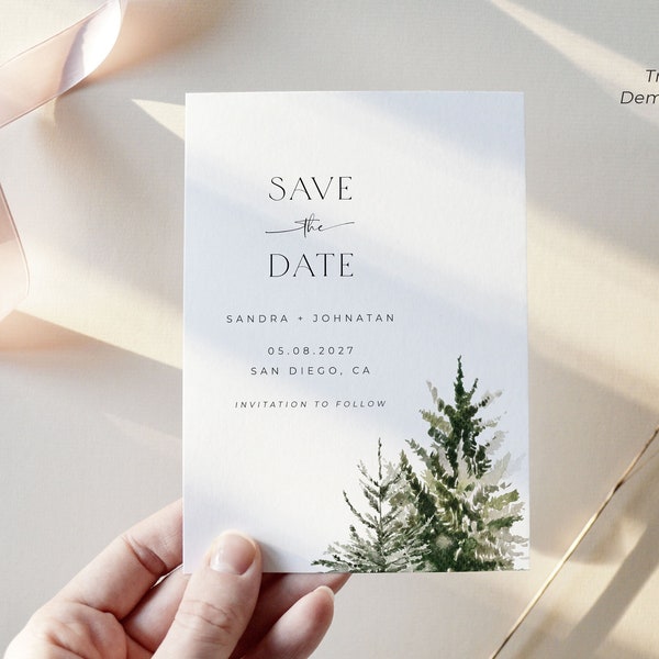 Plantilla Winter Save the Date, Pine Save the Date Download, Forest Save the Date, Holiday Christmas Save the Date with Picture, WN1