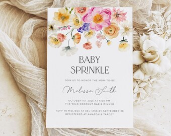 Floral Baby Sprinkle Invitation Template, Spring Baby Shower Invitation Girl, Wildflower Baby Brunch Invitation Template Download