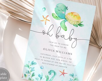 May include: A blue and green baby shower invitation with a cartoon turtle and the text "oh baby" and "Join us to honor the mom-to-be Olivia Williams".