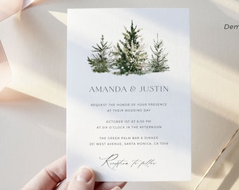 Winter Bruiloft Uitnodiging Sjabloon, Pine Wedding Uitnodiging Downloaden, Forest Wedding Invitation Suite, Holiday Christmas Wedding Invite, WN1