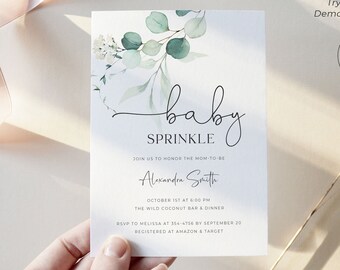 Greenery Baby Sprinkle Invitation Template, Editable Baby Sprinkle Invitation for Boy or Girl, Baby Brunch Invite Digital Download, E1