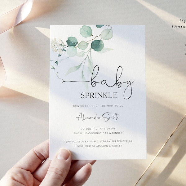 Greenery Baby Sprinkle Invitation Template, Editable Baby Sprinkle Invitation for Boy or Girl, Baby Brunch Invite Digital Download, E1