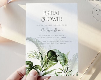 Tropical Bridal Shower Invitation Template, Greenery Bridal Shower Invitaiton, Palm Bridal Shower Invite, Digital Tropical Wedding