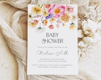 Spring Baby Shower Invitation Template, Wildflower Baby Shower Invitation Template Download, Spring Floral Baby Shower Invite Girl