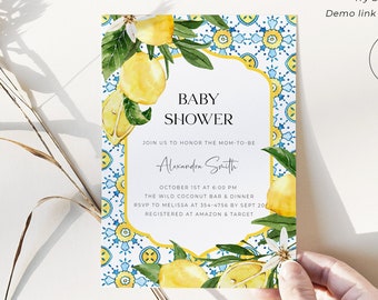 Lemon Baby Shower Invitation Digital Download, Italian Mediterranean Baby Shower Invitation Template, Blue Tile Baby Shower Invitation