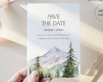 Modello Save the Date Montagna, Save the Date Foresta, Modificabile, Matrimonio Foresta Montagna, Save the Date Pino Boscoso, Matrimonio Rustico, M4