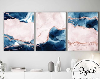 Navy Pink Wall Art Set of 3, Blue Blush Pink Wall Art, Modern Bedroom Wall Art Set, Modern Wall Art Set of 3, Abstract Printable Art Digital